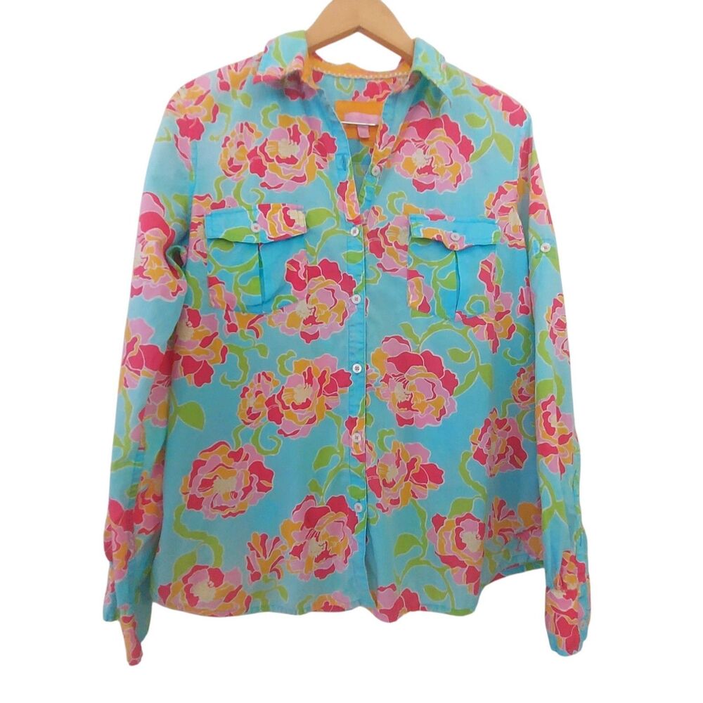 Lilly Pulitzer Button Up XL Resort Fit Blue Pink Floral Long Roll Tab Sleeve